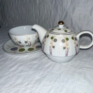 Leonardo Collection Tea for One Set Porcelain Art Nouveau Blue Green Rose Gold